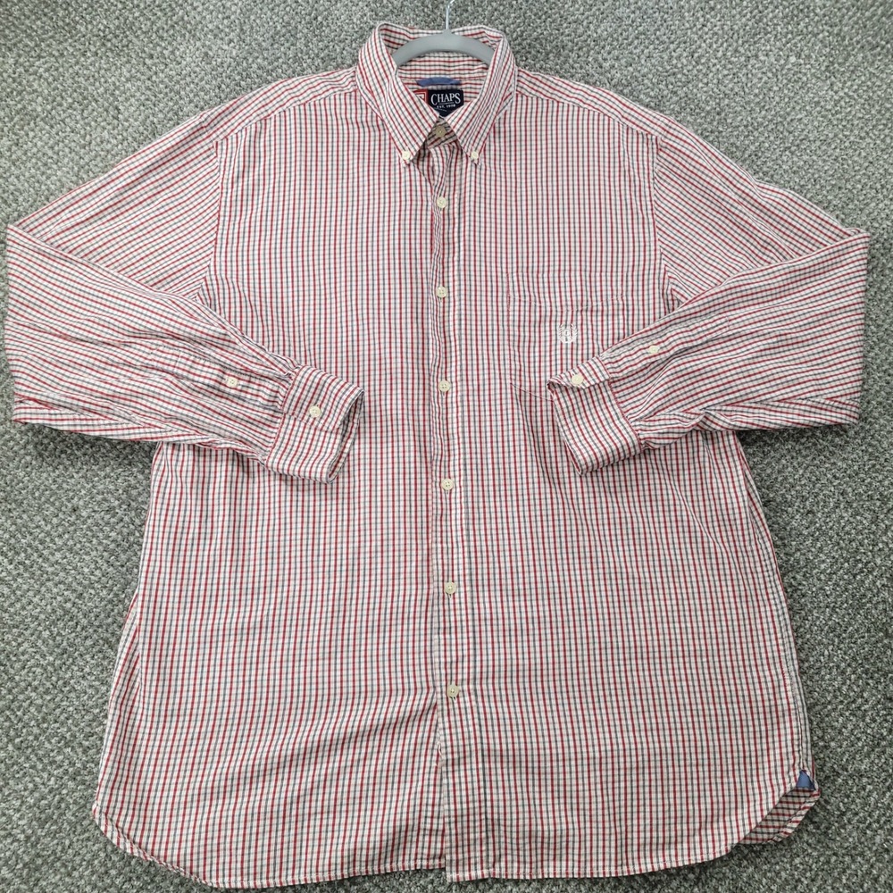 Vintage Chaps Mens XL Button Down Shirt Red White Blue Plaid Cotton Long Sleeve